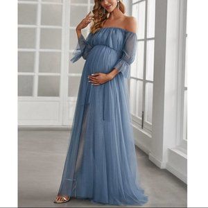 Maternity Mesh off the shoulder Maxi Dress blue "its a boy"